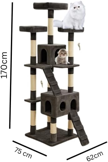 170cm Multi-Level Cat Tree Tower – Cat Condo Activity Center with Sisal Scratching Posts, Hammock, Ladder & Perches – Tall Cat Climbing House for Indoor Cats