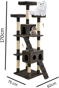 170cm Multi-Level Cat Tree Tower – Cat Condo Activity Center with Sisal Scratching Posts, Hammock, Ladder & Perches – Tall Cat Climbing House for Indoor Cats