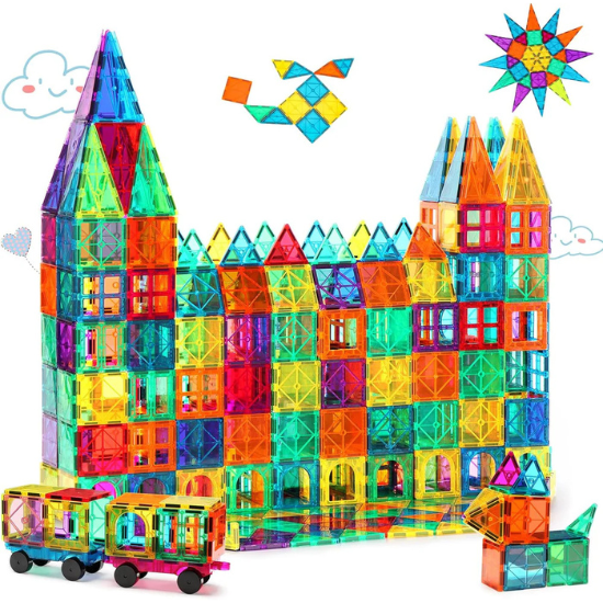100 PCS Magnetic Tiles with 2 Cars, STEM Approved Educational Magnet BuildingToys, Magnet Puzzles Stacking Blocks for Boys Girls