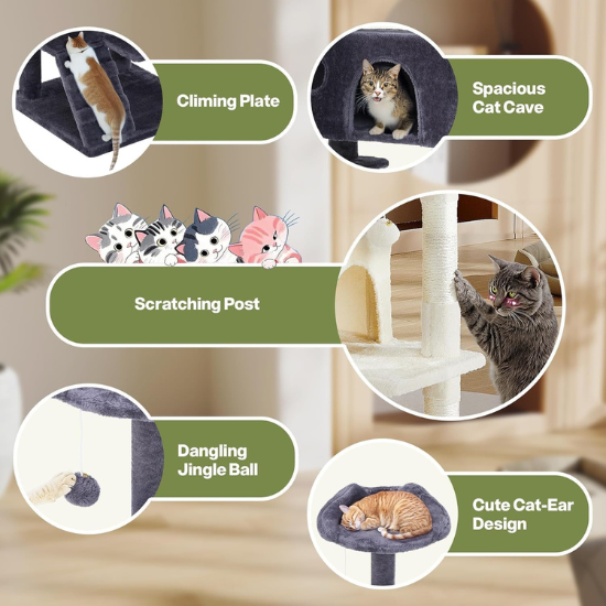 170cm Multi-Level Cat Tree Tower – Cat Condo Activity Center with Sisal Scratching Posts, Hammock, Ladder & Perches – Tall Cat Climbing House for Indoor Cats