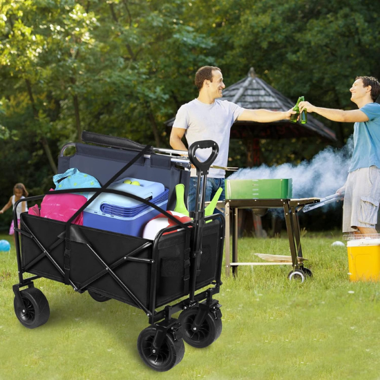 Shopping trolley, 150 kg Collapsible Wagon Trolley Cart with Large All-Terrain Wheels & Cup Holders, Heavy-Duty Folding Beach Wagon Stroller for Garden, Camping, Fishing, Sports