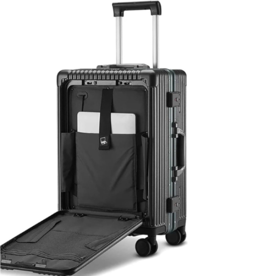 20-Inch Aluminum Framed Travel Luggage,Airline Approved Carry On Trolley With Spinner Wheels, Front opening lid，TSA lock, Cup Holder & USB Port Charging，Mobile phone holder and hook