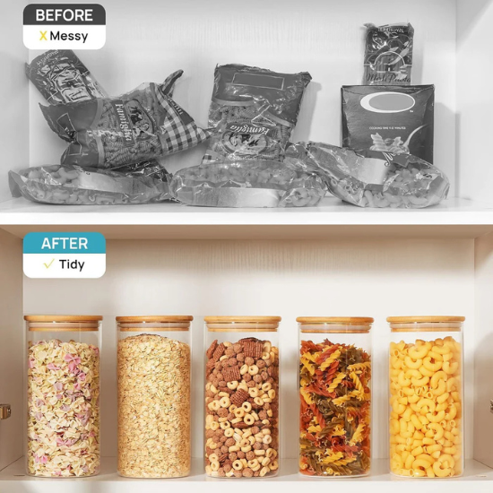 3 Pcs Glass Jars with Bamboo Lids, Airtight High Borosillicate Container, Multi Sizes Clear Food Storage Canisters Sets for Bean, Spaghetti, Pasta Cereal & Herbs