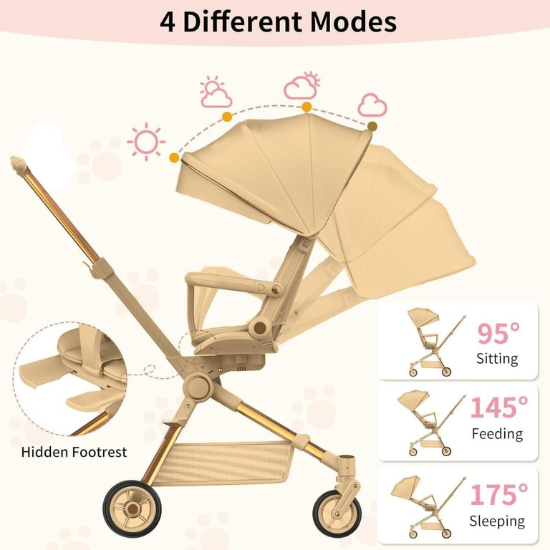 Baby Stroller, Convertible Travel Strollers, Two-Way Foldable Cabin Stroller with 5-Point Harness & SunShade, Extra Storage - Child Tray