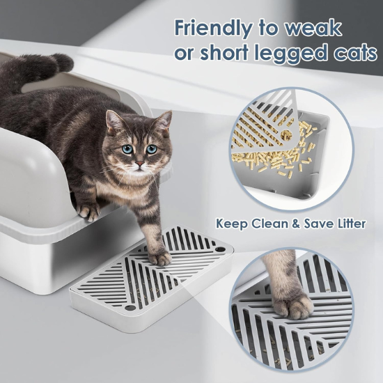 Stainless Steel Cat Litter Box Metal Extra Large Cat Litter Tray for Big Cats Litter Pan Toilet High Enclosed Sides Pet Litter Box with Footboard & Scoop, Old and Short-Legged Cat Friendly