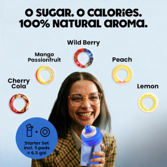 Flavored Water Bottle 22oz (650ml) with Straw & 5 Scent Pods, Sugar-Free, Zero Calories | Reusable Sports Bottle for School, Gym & Fitness, Suitable for Carbonation (Blue)